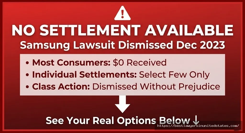 Alert showing Samsung ice maker lawsuit was dismissed with no settlement fund available for most consumers