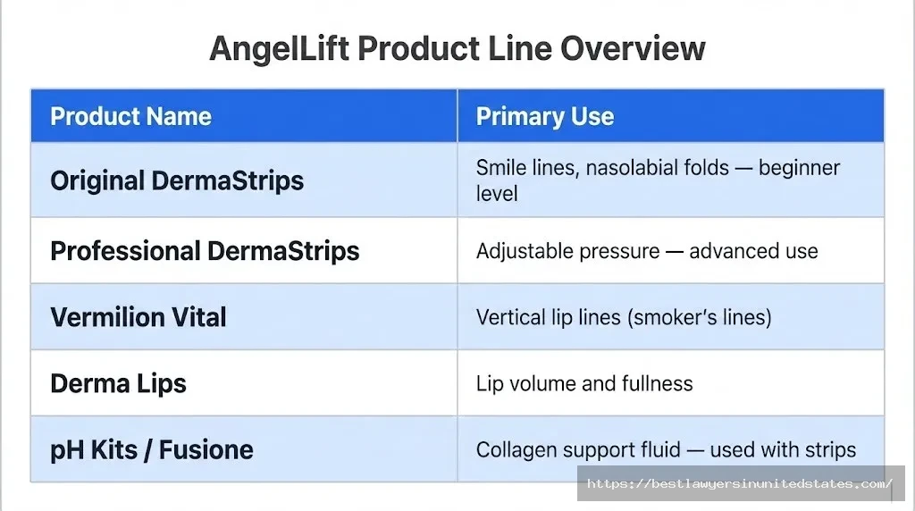 AngelLift product line comparison chart showing DermaStrips, Vermilion, Derma Lips, and pH kit options