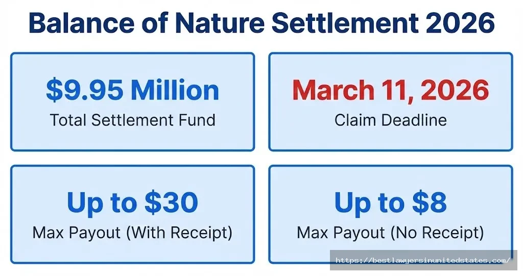 Balance of Nature settlement overview $9.95M fund, March 11 2026 deadline, up to $30 with proof or $8 without