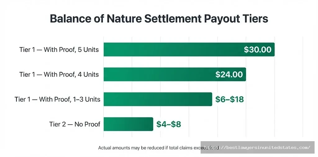 Balance of Nature settlement payout chart showing compensation tiers from $8 without proof up to $30 with proof