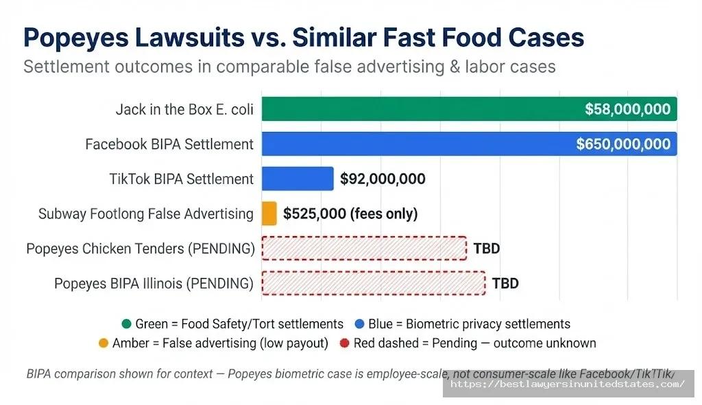 Bar chart comparing Popeyes pending lawsuits to similar fast food settlements ranging from $525K to $650 million