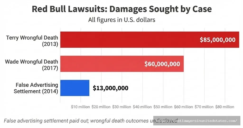 Bar chart comparing Red Bull lawsuit damages $85M Terry case, $60M Wade case, $13M false advertising settlement