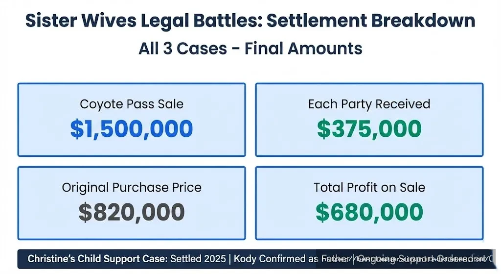 Bar chart comparing Sister Wives settlement payouts Janelle and Meri $375K each, Christine child support est. $100K