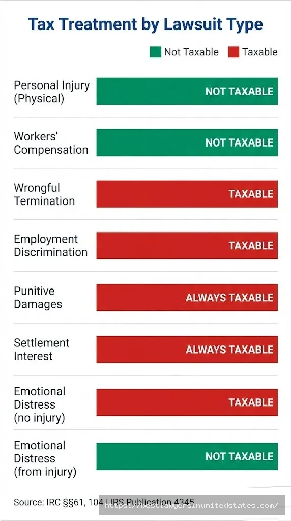 Bar chart comparing taxable vs non-taxable lawsuit settlement types under 2026 IRS rules