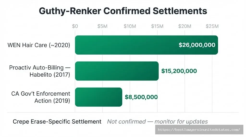 Bar chart of Guthy-Renker lawsuits — $26M WEN, $15.2M Proactiv, $8.5M CA enforcement action