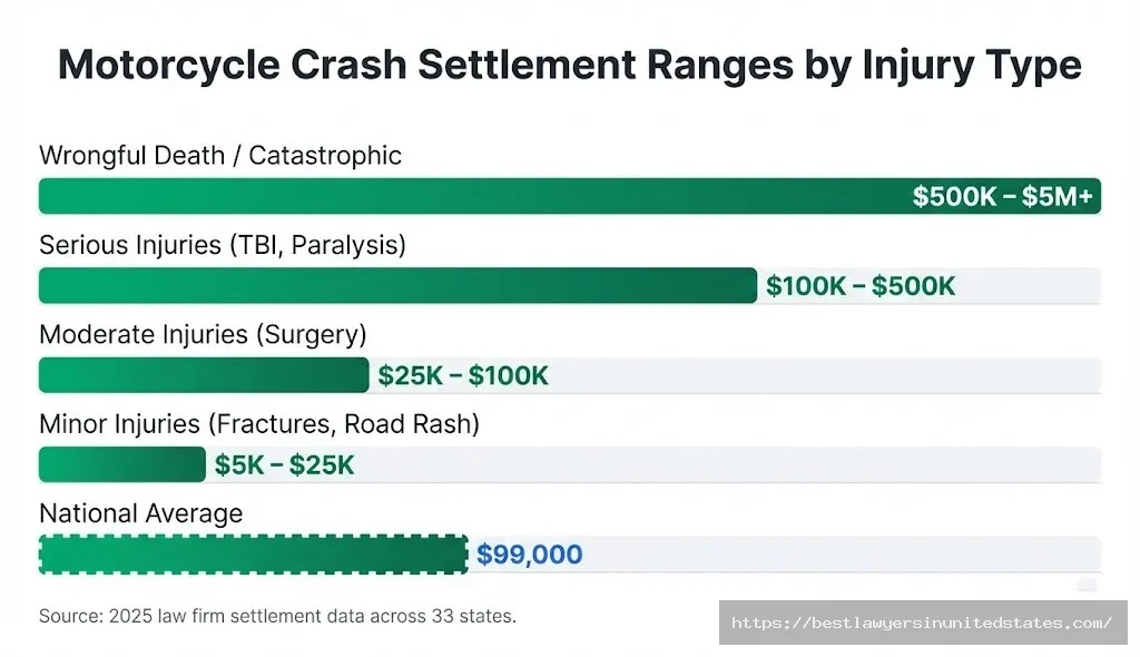 Bar chart of motorcycle crash lawsuit settlements minor injuries $5K–$25K, catastrophic injuries $500K–$5M+, avg. $99K.