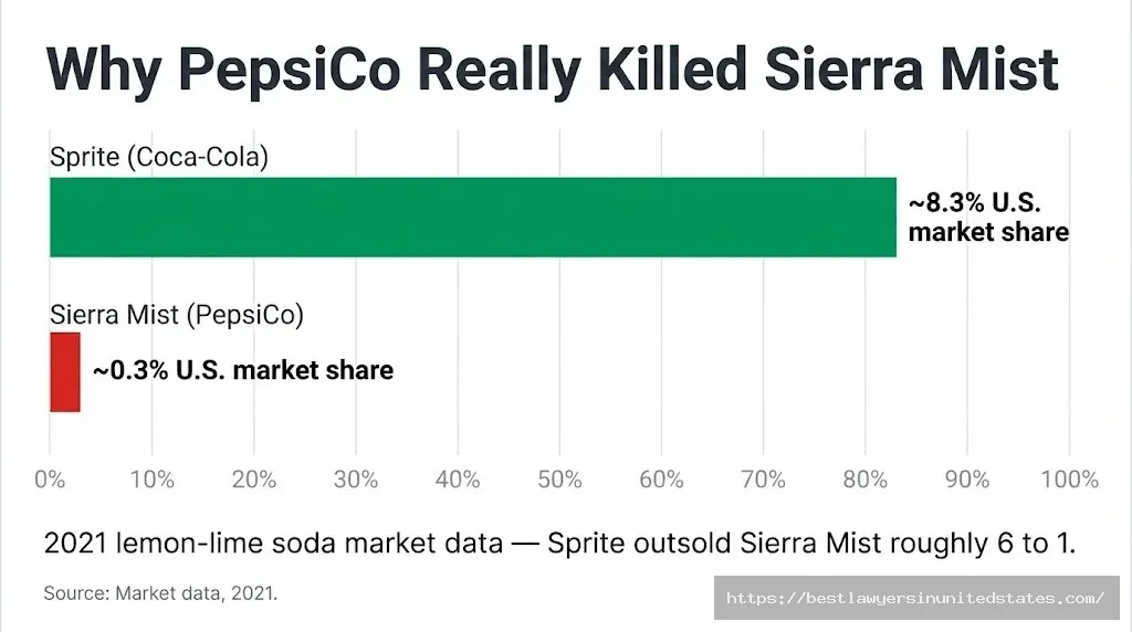 Bar chart showing Sierra Mist 0.3% vs Sprite 8.3% U.S. soda market share in 2021 — the real reason for the rebrand