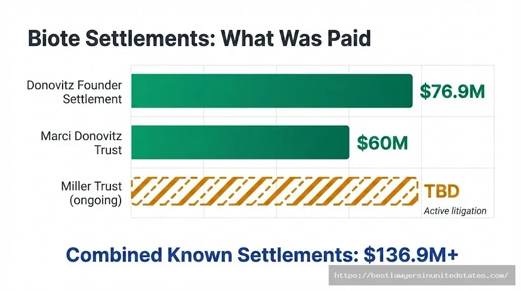 Biote settlement breakdown bar chart $76.9M founder case, $60M shareholder case, Miller Trust ongoing