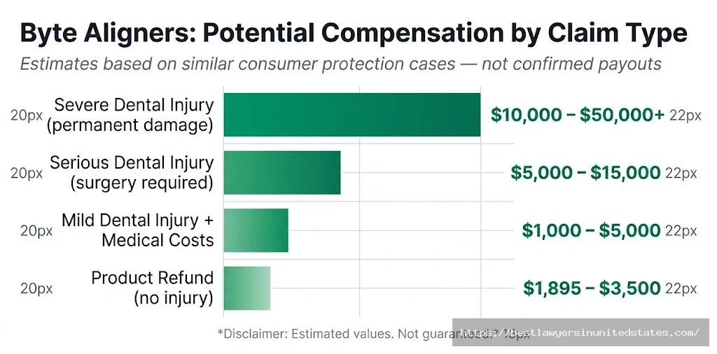 Byte aligners compensation chart refund $1,895–$3,500, injuries $1,000–$50,000+ by severity