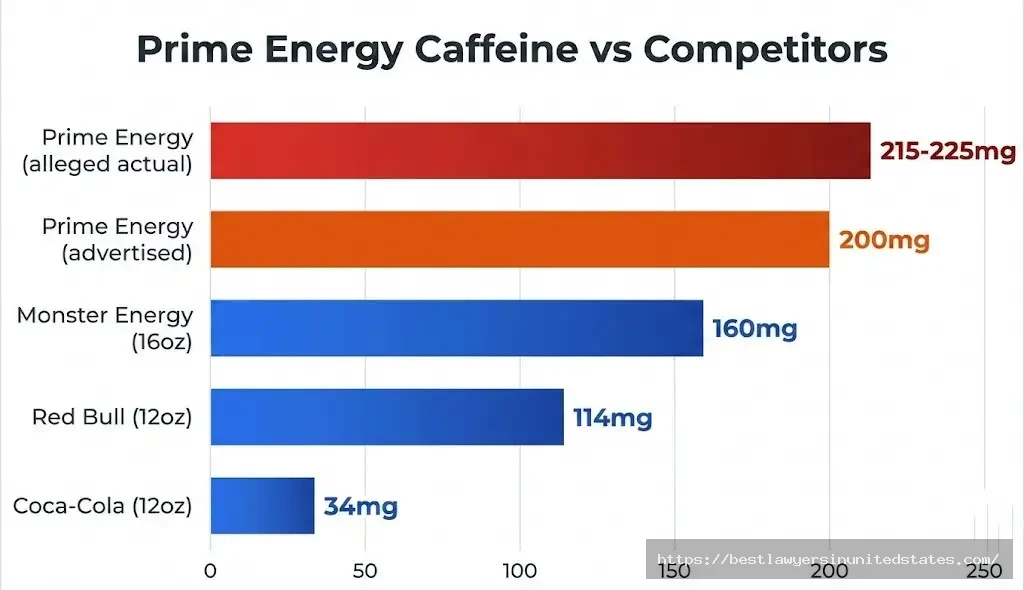 Caffeine comparison chart showing Prime Energy contains 215-225mg vs 200mg advertised, more than competitors