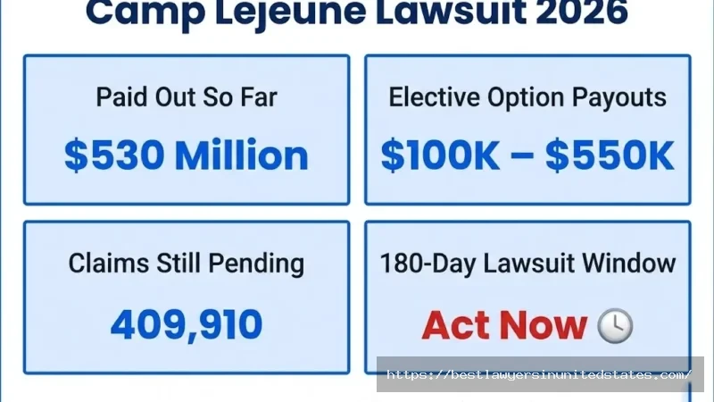 Camp Lejeune lawsuit 2026 overview $530M paid, $100K–$550K payouts, 409,910 claims pending, 180-day window to sue
