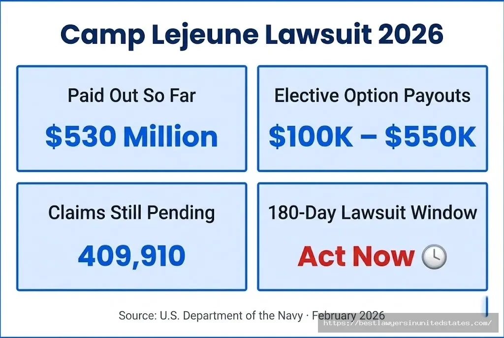 Camp Lejeune lawsuit 2026 overview $530M paid, $100K–$550K payouts, 409,910 claims pending, 180-day window to sue