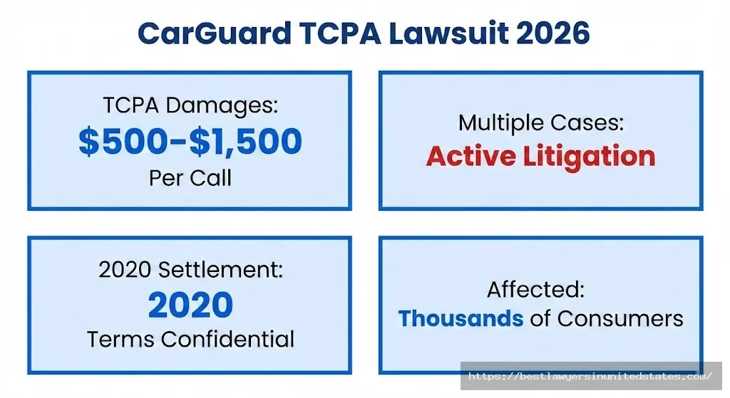CarGuard TCPA lawsuit overview showing $500-$1,500 per call damages and active litigation status