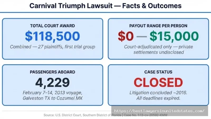 Carnival Triumph lawsuit infographic $118,500 court award, $0–$15,000 payout range, 4,229 passengers affected, case closed 2016