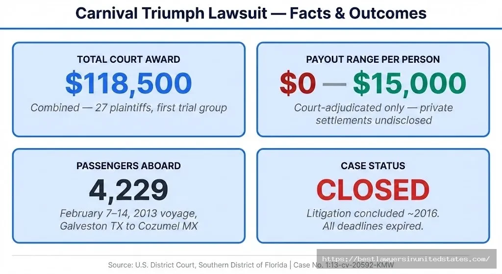 Carnival Triumph lawsuit infographic $118,500 court award, $0–$15,000 payout range, 4,229 passengers affected, case closed 2016