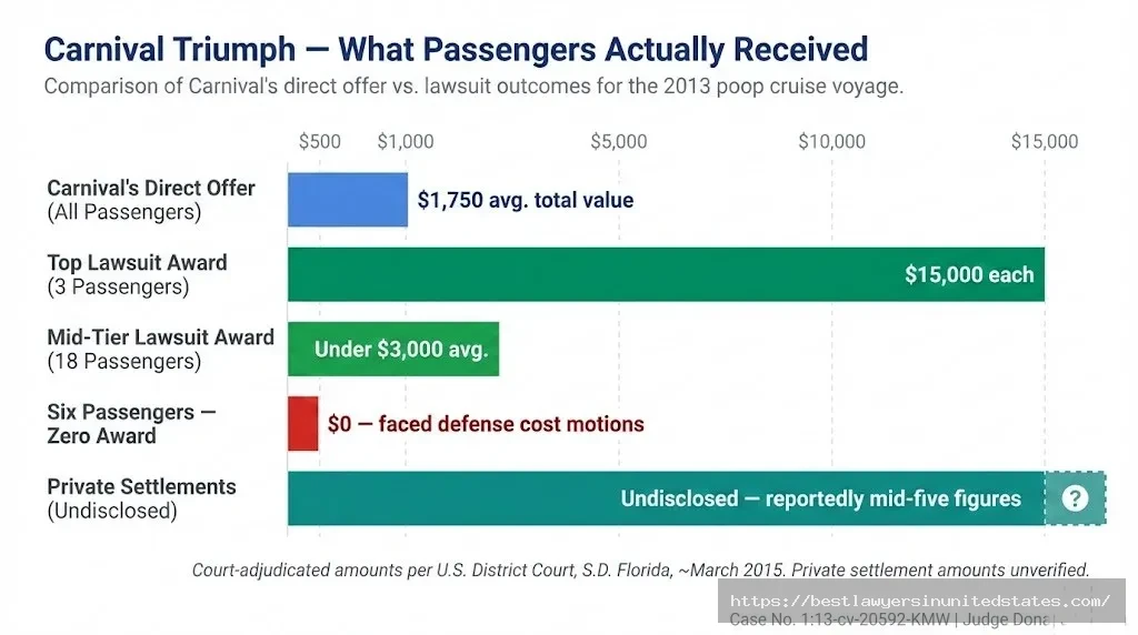 Carnival Triumph lawsuit payout chart Carnival's direct $1,750 offer vs. court awards of $0–$15,000 per passenger who sued