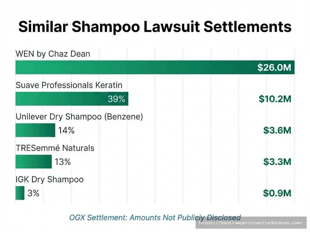 Comparison chart of shampoo lawsuit settlements WEN $26M, Suave $10.2M, Unilever $3.6M, TRESemmé $3.3M, IGK $0.9M
