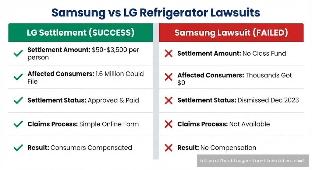 Comparison showing LG settled for $50-$3,500 while Samsung lawsuit dismissed with no compensation for consumers