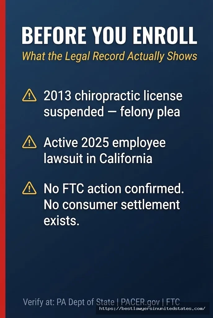 Consumer warning about Dr. Pompa legal record — license suspension, 2025 employee lawsuit, no confirmed FTC action
