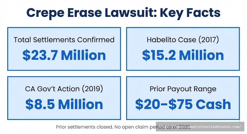 Crepe Erase lawsuit overview — $23.7M in confirmed Guthy-Renker settlements since 2017