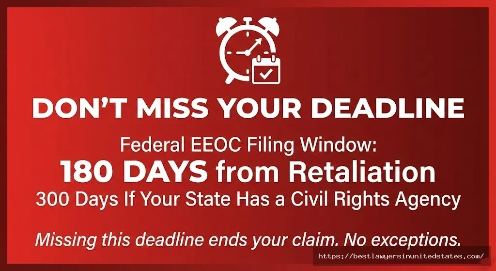 Critical EEOC filing deadline warning — 180 days from retaliation to file, 300 days with state agency