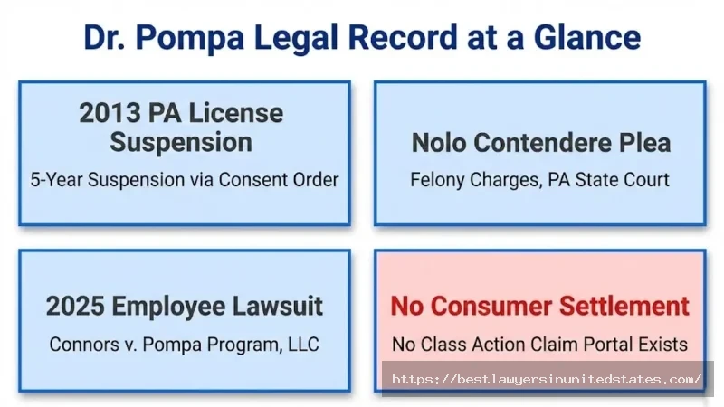 Dr. Pompa legal record overview 2013 PA license suspension, felony plea, 2025 employee case, no consumer settlement
