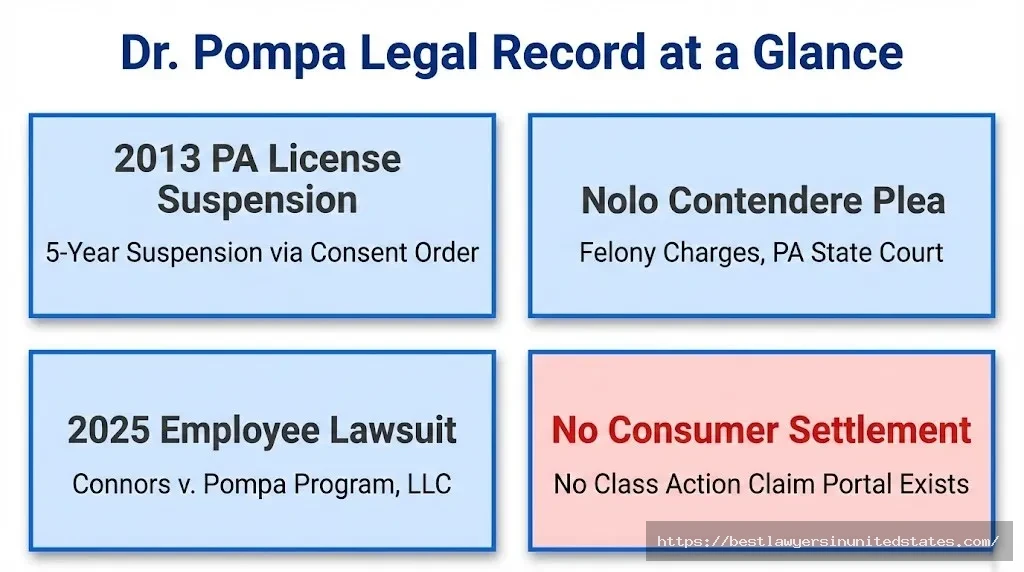 Dr. Pompa legal record overview 2013 PA license suspension, felony plea, 2025 employee case, no consumer settlement