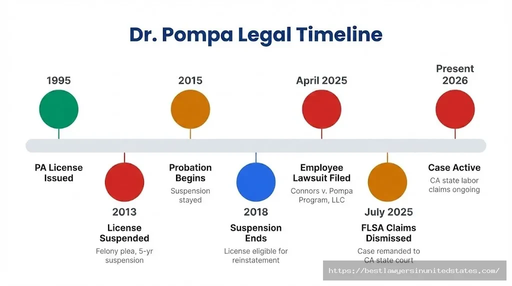 Dr. Pompa legal timeline from 1995 license issuance through 2013 suspension, 2025 employee lawsuit, and 2026 active case status