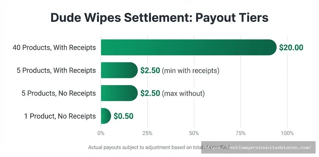 Dude Wipes settlement payout chart $0.50 per product, up to $2.50 without receipts or $20.00 with receipts