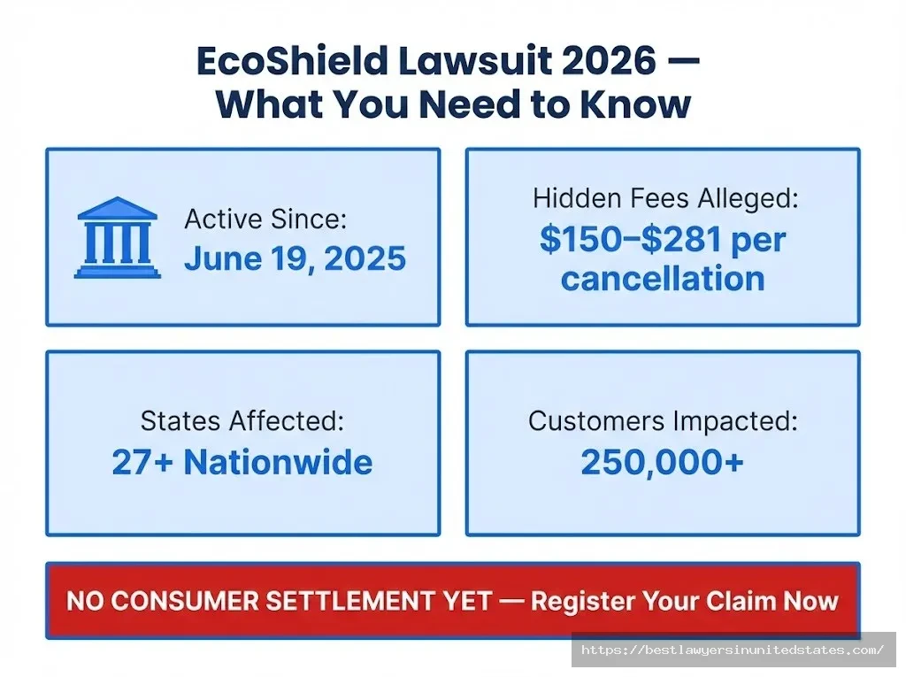 EcoShield lawsuit 2026 overview active since June 2025, hidden fees $150–$281, 27+ states, 250,000+ customers affected
