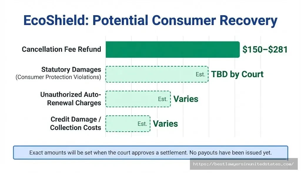 EcoShield lawsuit potential recovery chart cancellation fee refunds $150–$281 confirmed alleged; statutory damages and other relief TBD