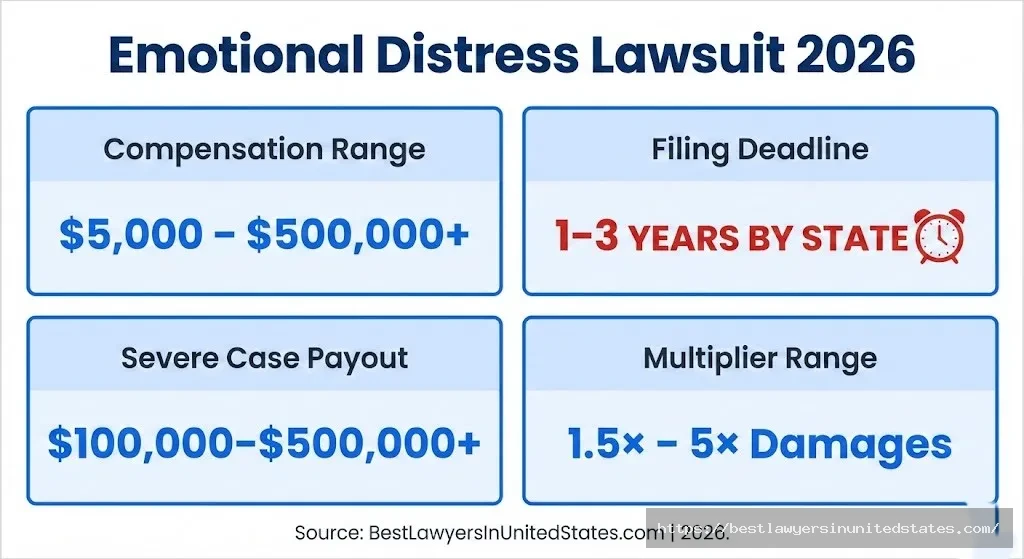 Emotional distress lawsuit 2026 overview $5K–$500K+ compensation, 1–3 year filing deadlines by state