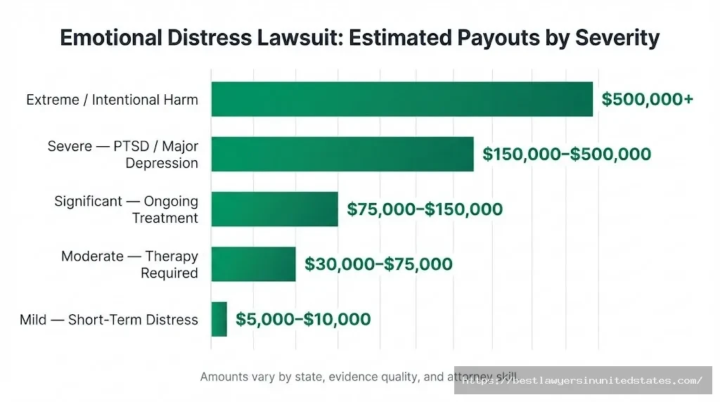 Emotional distress lawsuit payout chart showing compensation tiers from $5,000 mild cases to $500,000+ extreme harm