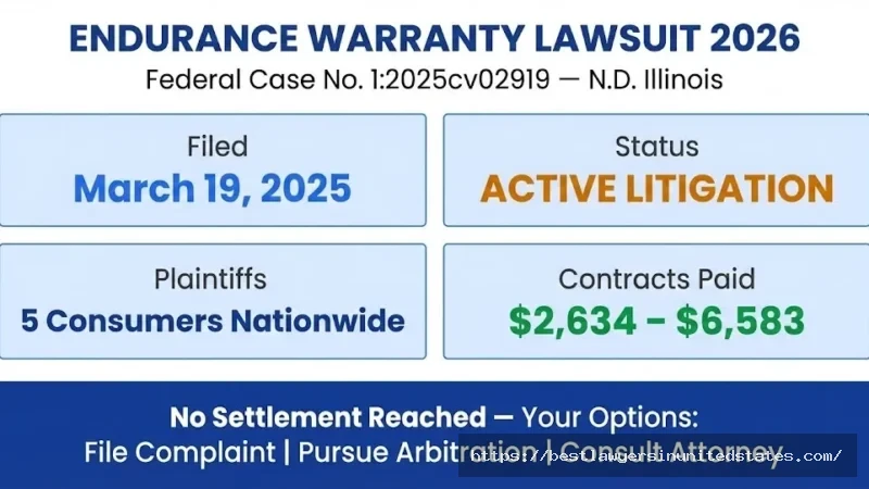 Endurance Warranty lawsuit 2026 overview — filed March 2025, active litigation, 5 plaintiffs, no settlement reached