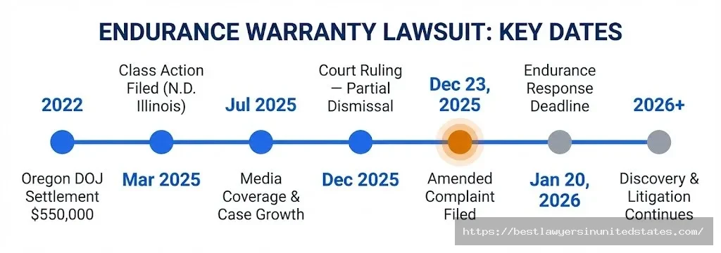 Endurance Warranty lawsuit timeline from 2022 Oregon settlement through active 2026 federal litigation in Illinois