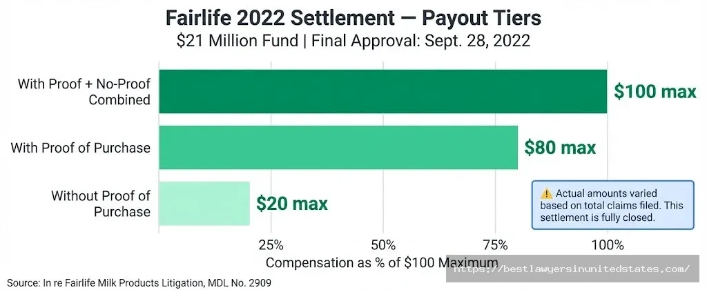 Fairlife 2022 settlement payout chart $20 without proof, $80 with proof, $100 maximum combined