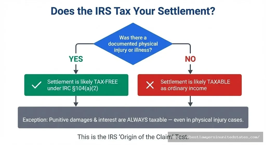 Flowchart showing the IRS origin of the claim test to determine if a lawsuit settlement is taxable