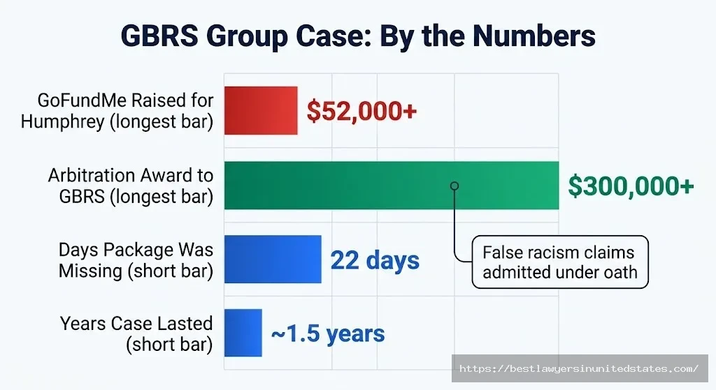 GBRS Group lawsuit key numbers $52K GoFundMe vs $300K arbitration award, 22-day missing package