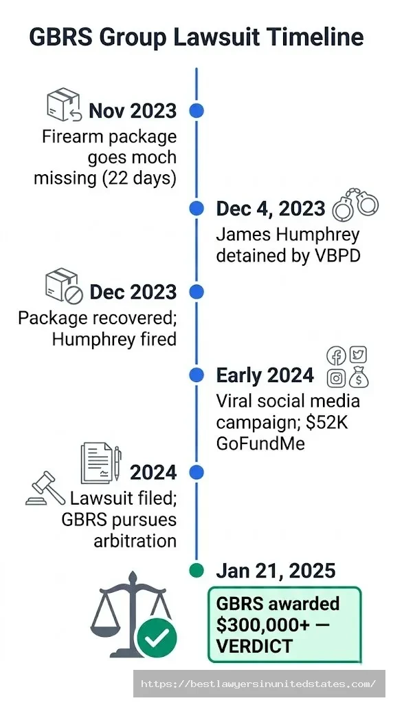 GBRS Group lawsuit timeline from November 2023 missing package to January 2025 arbitration verdict