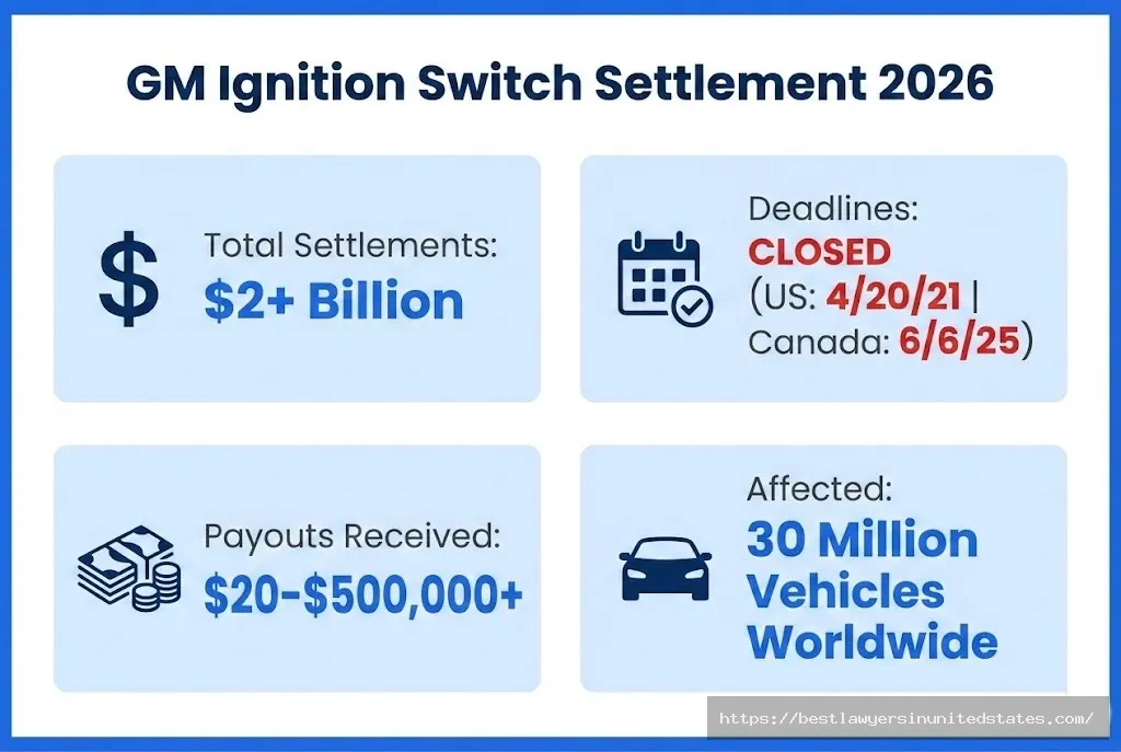 GM ignition switch lawsuit settlement overview $2B+ total, deadlines closed, $20-$500K payouts, 30M vehicles affected