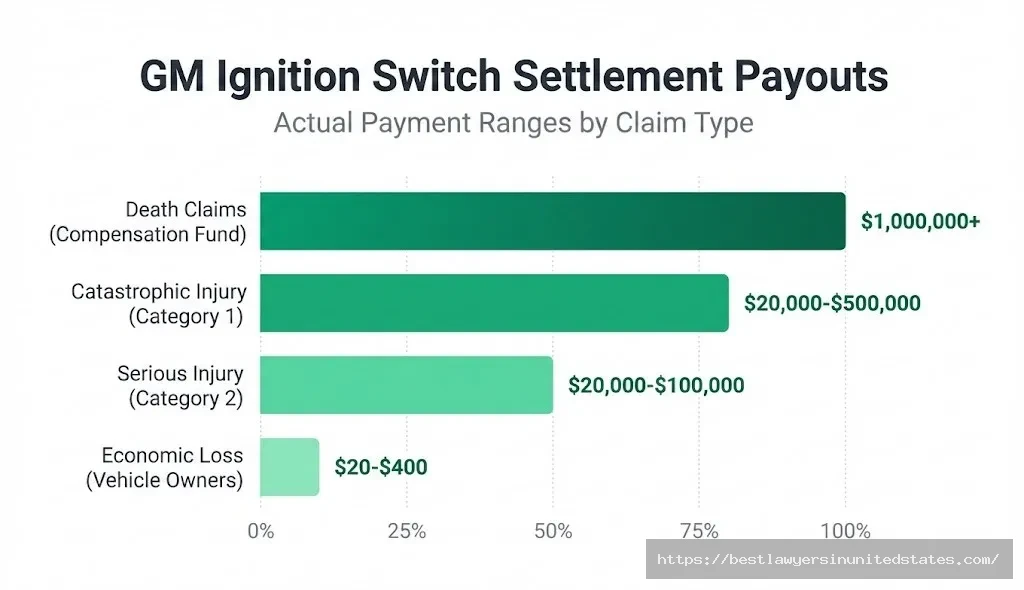 GM settlement payout chart death claims $1M+, injury $20K-$500K, economic loss $20-$400 by claim category