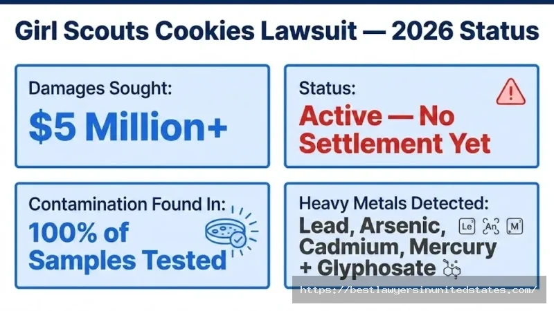 Girl Scouts cookies lawsuit overview $5M+ sought, active case, 100% of tested cookies contained contaminants
