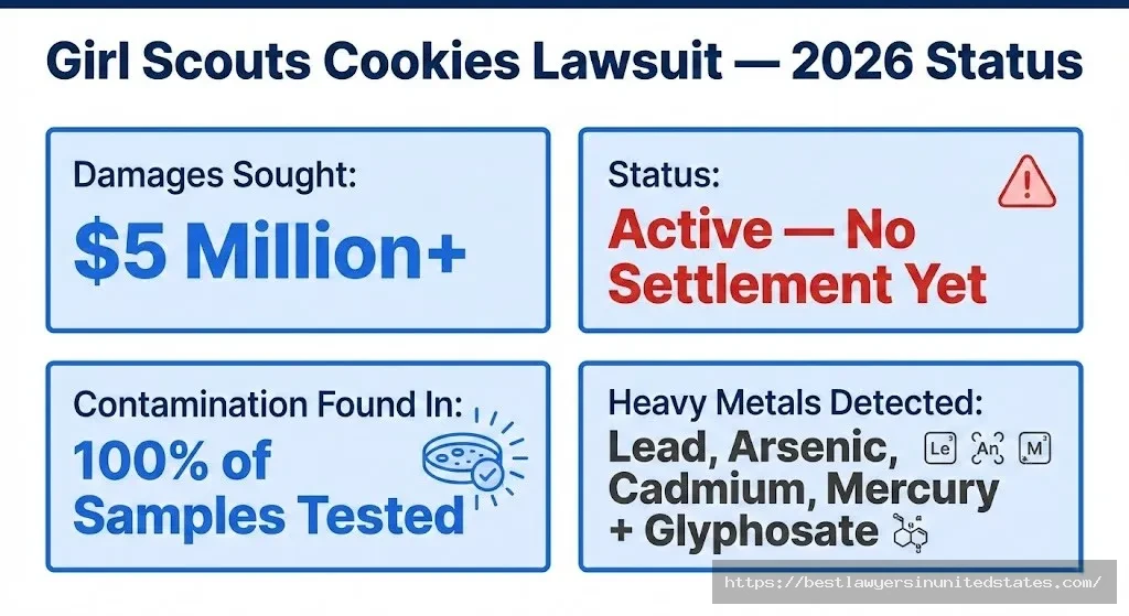 Girl Scouts cookies lawsuit overview $5M+ sought, active case, 100% of tested cookies contained contaminants