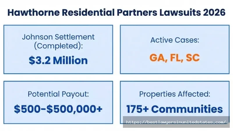 Hawthorne Residential Partners lawsuit overview showing $3.2M settlement, active GAFLSC cases, $500-$500K payouts