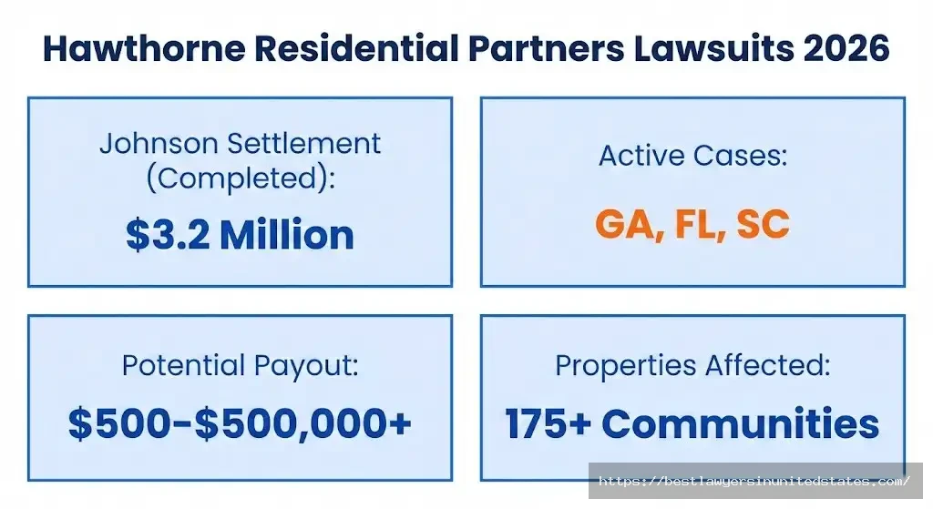 Hawthorne Residential Partners lawsuit overview showing $3.2M settlement, active GAFLSC cases, $500-$500K payouts