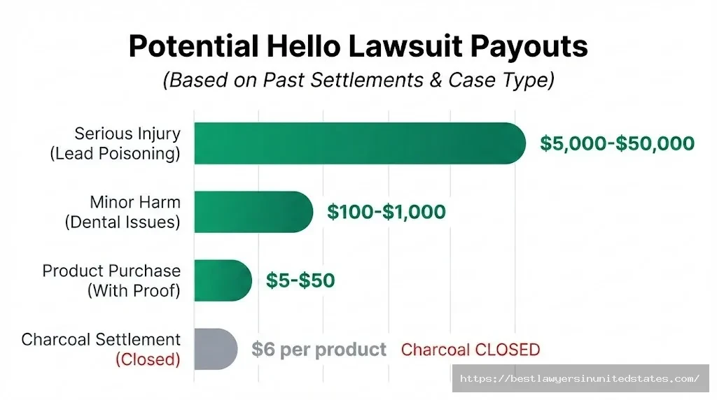 Hello lawsuit payout chart showing ranges from $6 (charcoal-closed) to $5,000+ for serious injury claims