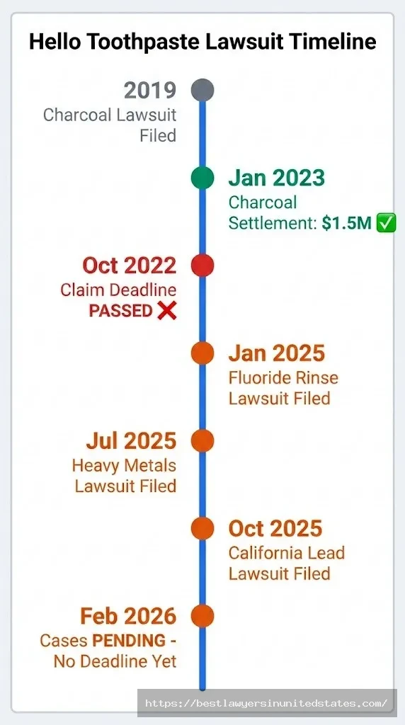Hello toothpaste lawsuit timeline from 2019 charcoal case to 2025-26 pending heavy metals litigation