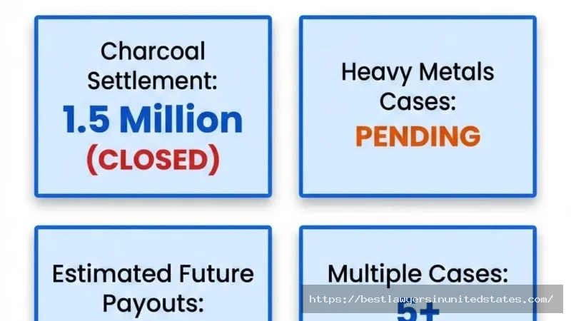 Hello toothpaste lawsuits overview showing $1.5M charcoal settlement closed and pending heavy metals cases
