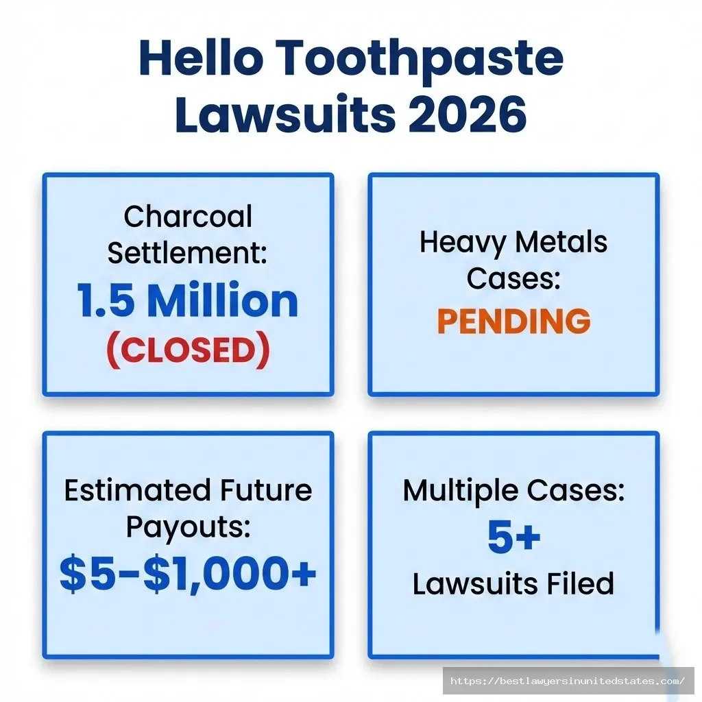 Hello toothpaste lawsuits overview showing $1.5M charcoal settlement closed and pending heavy metals cases
