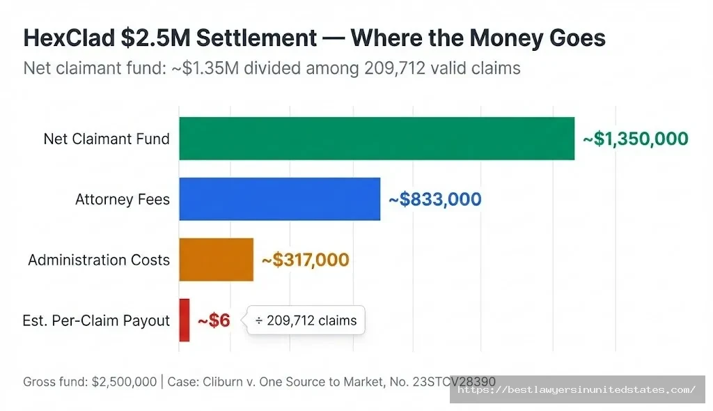 HexClad $2.5M settlement fund breakdown $1.35M to claimants, $833K attorney fees, $317K admin costs, ~$6 per claim